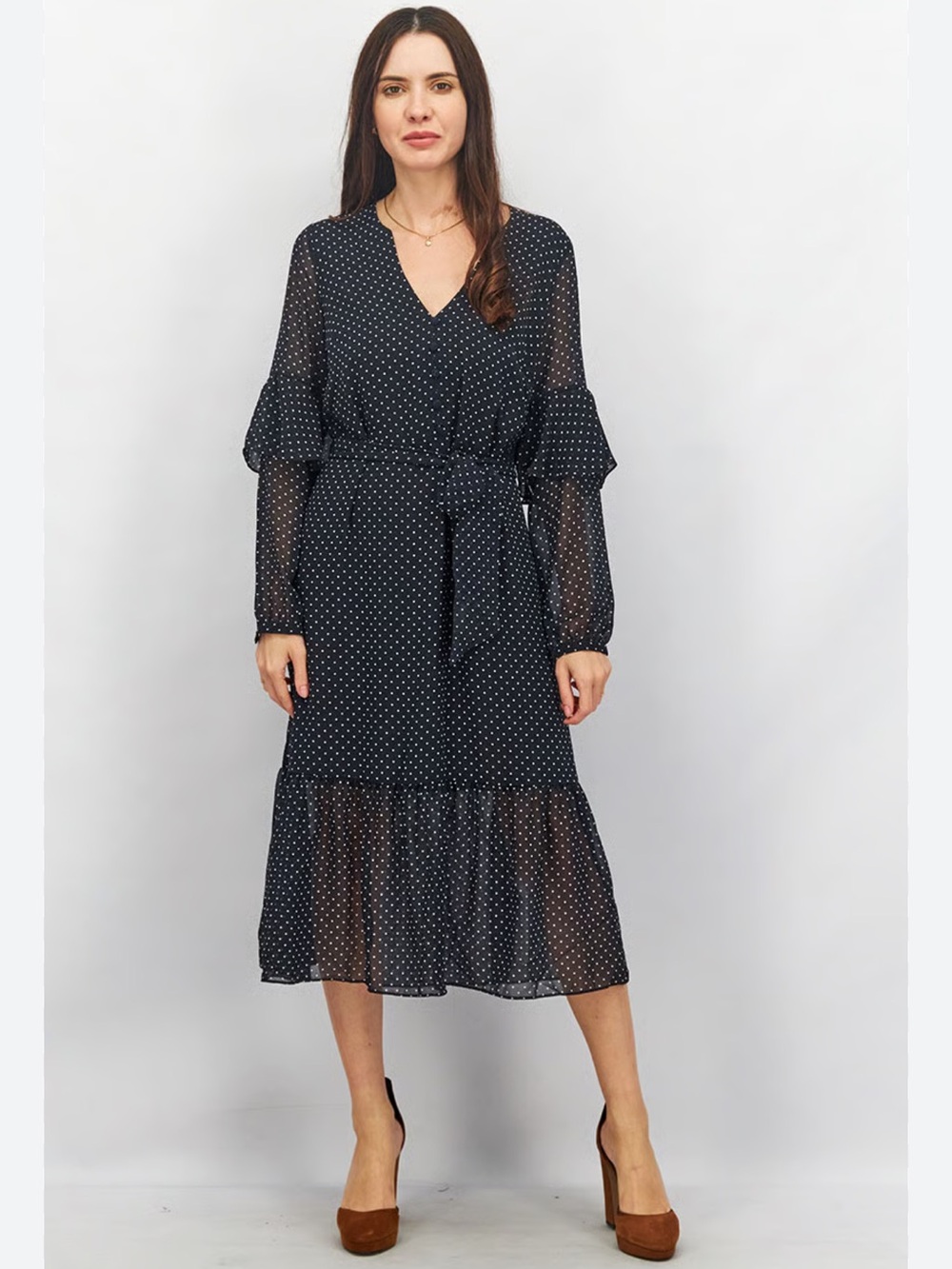 Avec Les Filles Navy Polka Dot V-Neck Midi Dress